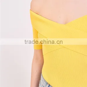 Elasticated Knit Crossover Shape V-neck Short Sleeves Strapless Tank thumbnail-5