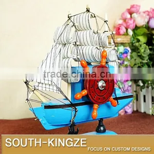 Navy Marine Blue/Yellow Color Wood Sailing Boat Display Model thumbnail-3