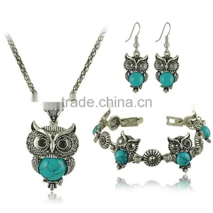 Top Green Red Blue Turquoise CZ Owl Necklace Bracelet Earrings Vintage Silver Jewelry Set thumbnail-1