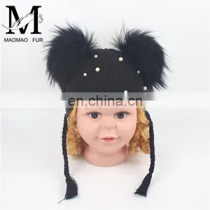 Wholesale Double Raccoon Fur Poms Cap Kids Hat With Fur Pom Pom thumbnail-2