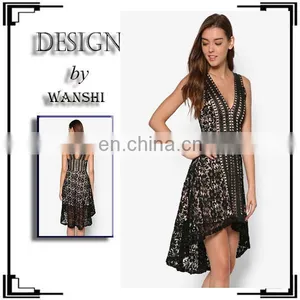 Custom Hi-Lo Hem Lace Dress Sexy V-neck Sleeveless Lace Cocktail Dress thumbnail-1