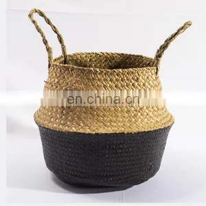 HBK Black Bicolor Handmade Handle Seagrass Belly Basket for Clothes and Toys thumbnail-1