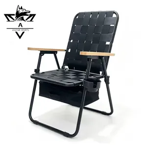 Lightweight Folding Woven Camping Chair Metal Frame With Wooden Armrests Chairs for Indoor Outdoor Beach Fishing & Picnic Use thumbnail-4