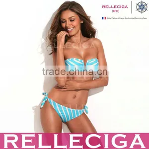RELLECIGA Sexy Girls Swimwear Blue Metallic Stripe Full-Lined Bandeau Bikini Set With Removable Padding thumbnail-1
