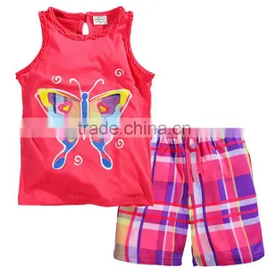 2 Pcs Baby Girls Clothing Butterfly Vest +lattice Shorts Children Sets for Summer 2016 thumbnail-1