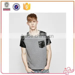 Pure Cotton Leather Sleeve t Shirts With Pocket PU T-shirt Casual T-shirt thumbnail-1