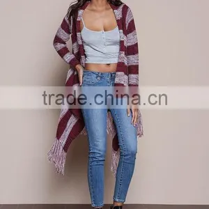 MGOO OEM Custom Burgundy Fringe Cardigan Mohair Striped Outwear Koreas Style Tassels Asymmetric Sweaters thumbnail-2