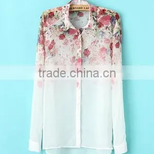 New Design Printed Flowers&strips Fashion Ladies Blouse thumbnail-1