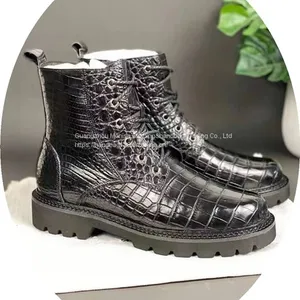 Thailand Crocodile Leather Men's Boots High-End Fashion Casual Martin Boots Lace Up Round Toe Leather High Boots thumbnail-1
