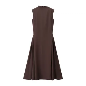 Summer New Women's Clothing European and American Sweet and Fresh Pure Color Sleeveless Elegant High Waisted Round Neck Dress thumbnail-2