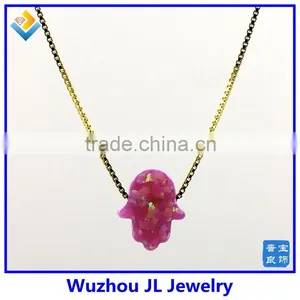 Synthetic 8*10mm Bubble Gum Opal Hamsa Shape 18K Plated Chain 925 Sterling Silver Necklace thumbnail-1