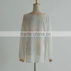 New Style Mix Color Deep Open Neck Thin Women Chiffon Blouses for Fat thumbnail-4