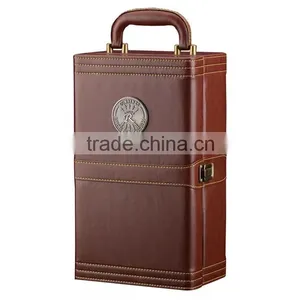 New Arrive Luxury Handmade Leather Wine Box Wooden Wine Box 2 Bottles Embossed Logo thumbnail-3
