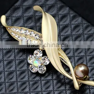 Fashion Crystal Leaf Pearl Matte Silver and Matte Gold Brooch thumbnail-1