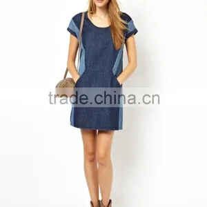 2015 Fashion High Quality Fashion Girls Short Sleeve Loose Denim Dress With Contrast Color thumbnail-2