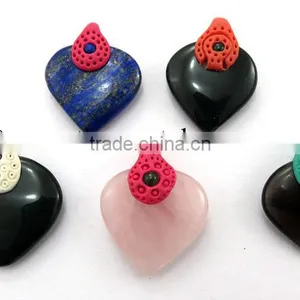 Mix Assorted Stones Tibetan Style Heart Shape Pendants thumbnail-1