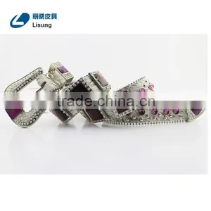 Purple Crystal Full Rhinestone Buckle Horse Hair Hide Western Cowgirl Belt thumbnail-2