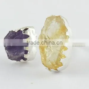 Rough Stone !! Ctrine & Amethyst !! Silver Gold Plated Ring, Handmade Silver Jewelry, Silver Jewelry thumbnail-3