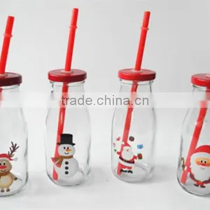 Christmas Use Glass Cow Milk Drinking Bottles With Red Lid and Straw thumbnail-2