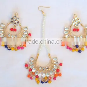 JADAU KUNDAN GOLD PLATED Dangler EARRINGS TIKA SET Real Look thumbnail-2