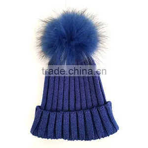 Myfur Winter Warm Couple Hat With Genuine Raccoon Fur Bobble Knit Hat thumbnail-2