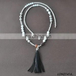 Wron Siver Beaded Leather Tassel Long Necklaces thumbnail-1
