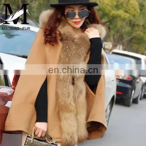 Great Quality Wool Shawl Coat Genuine Raccoon Fur Cape With Fur Hood thumbnail-4