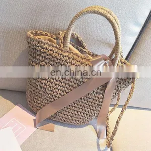 New Hand Knit Straw Handbag Bucket Shoulder Bag for Women thumbnail-2