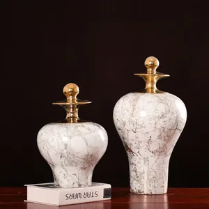 Gold Marbling White Luxury Chinese Jingdezhen Ceramic Vase With Gold Lid For Home Decor thumbnail-1