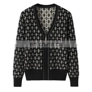 Custom Women's Loose Full Zip Floral Jacquard Lady Cashmere Sweater Casual Winter Style Knitted Top thumbnail-1