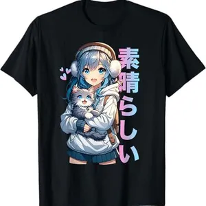 Cute Anime Girl With a Cat for Cat Lover Kawaii Otaku Manga T-Shirt thumbnail-1