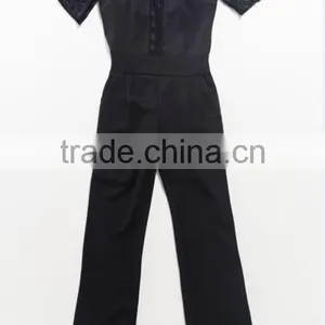 Solid Color Round Neck Short Sleeve High Empire Patch Mesh Women Jumpsuit thumbnail-5