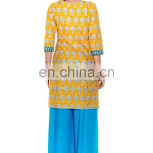 Premium Quality Fabric Yellow Color Leaf Print Casual Kurti for Woman thumbnail-2