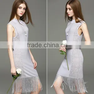 2017 Hot New Women Hollow Knit Dress Sleeveless Slim Hip Long Dress With Tassel thumbnail-2
