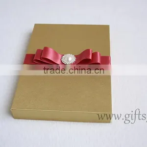 Luxury Handmade Gold Wedding Invitations Box With Ribbon Bow thumbnail-3