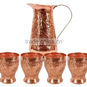 SET OF FINELY EMBOSSED 100% PURE COPPER WATER PITCHER WITH SET OF DRINKING TUMBLERS thumbnail-1