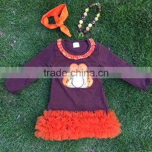 Girls Fall Dress Girls Thanksgiving Dress Kids Bling Bling Turkey Dress Girls Ruffle Dress With Necklace and Headband thumbnail-1