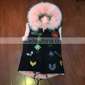 Wholesale Black Vest Fur Parka,Short Pink Fur Lined With Real Raccoon Dog Hood thumbnail-1