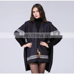Womens Winter Stamp Cashmere Fringed Shawl Cloak thumbnail-5