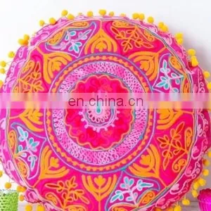 Mexican Style Fabric Round Pillow Cushion Cover Embroidery Design thumbnail-2