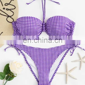 Tie Side Halter Gingham Print Bustier Bikini Set thumbnail-5