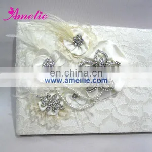 AW0707 Feather, Pearls and Rhinestones Decorated Ivory Guest Book thumbnail-1