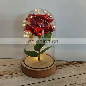 Red Rose And Copper Wire String Light In Flower Glass Dome Cover With Wood Base For Valentine's Day Wedding Decoration thumbnail-1
