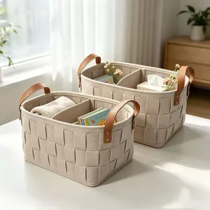Woven Design Felt Storage Basket With Leather Handles for Home Organization thumbnail-1