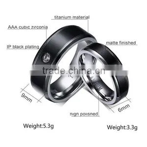 IP Black Plating Highly Polished Titanium Steel Diamond Couple Rings thumbnail-5