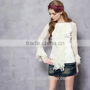 Teen Girls Lace Splicing Elastic Slim Tops Ladies Ruffles Round Neck Shirt for Women Soft Basic Shirt Tops in Autumn Spring thumbnail-3