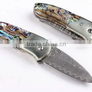 OEM Damascus Small Abalone Pure Copper Folding Knife thumbnail-2