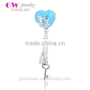 Hot Sale Blue Enamel Solid S925 Heart Silver Plated Bell Couple Bracelet Key Lock Personal Long Chains SlideCharms Pendants thumbnail-1