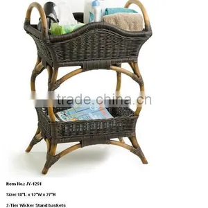 Modern 2 Tiers Wicker Basket Stand With Wood Handles thumbnail-1