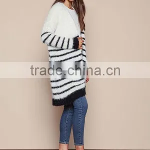 MGOO 2016 New Arrival Fuzzy White Striped Cardigan Women Knit Tops Cashmere Sweaters Women Clothing thumbnail-2